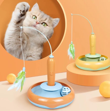猫用インタラクティブターンテーブル フェザー付き 一人遊び 知育トイ | Kizuna Pets